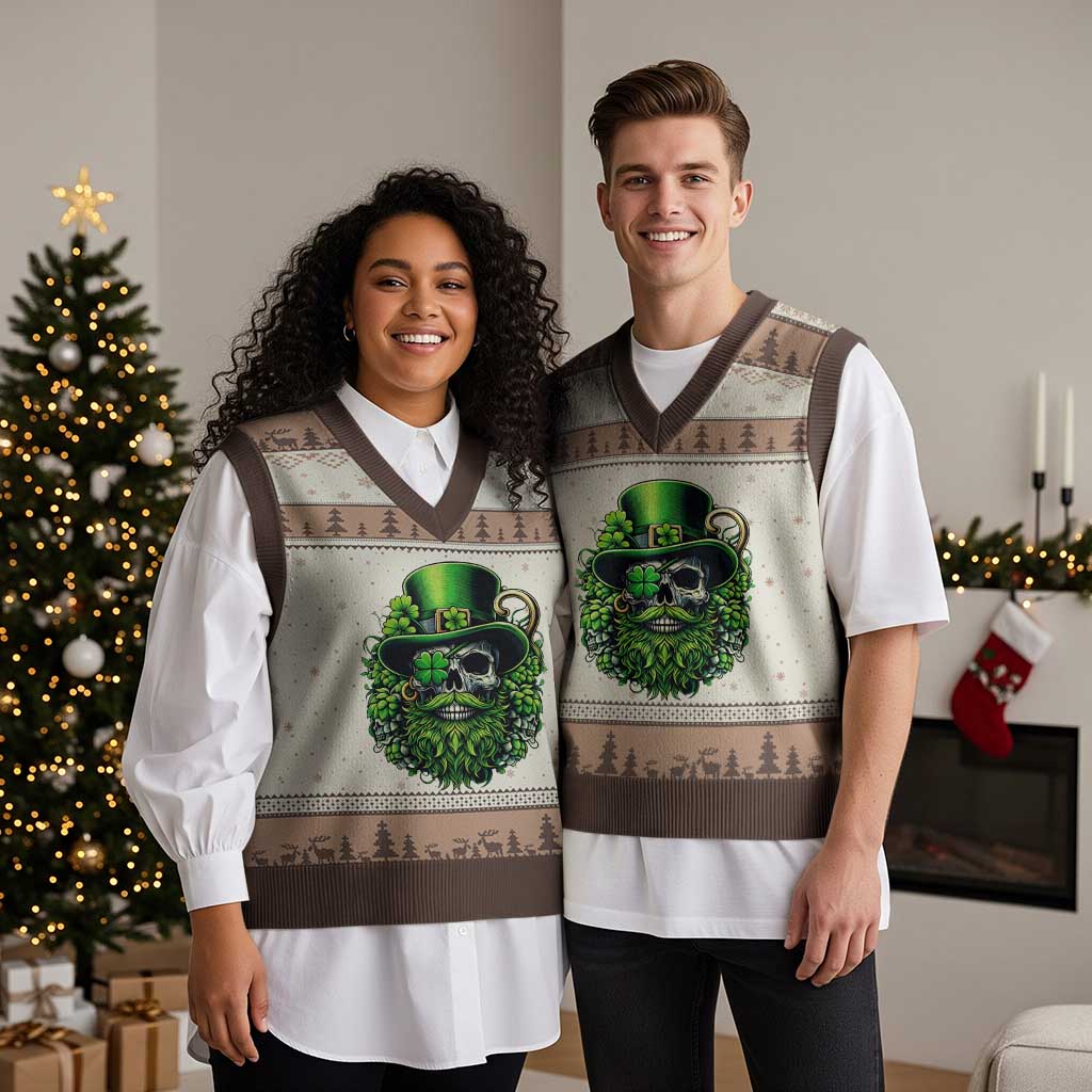 Irish Leprechaun Skull V-Neck Knit Sweater Vest St Patricks Day Party Gift