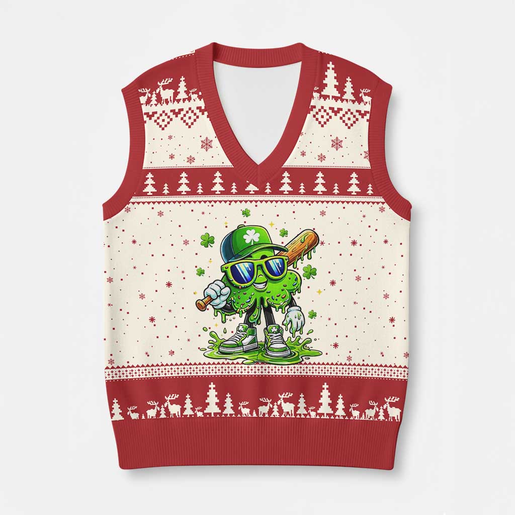 Funny St Patricks Day Clover Baseball Player Gift V-Neck Knit Sweater Vest