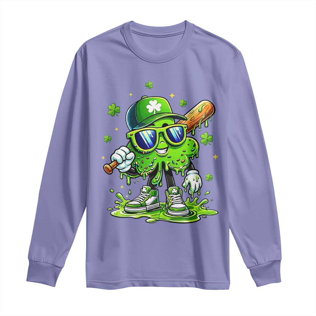 Funny St Patricks Day Clover Baseball Player Gift Long Sleeve Shirt