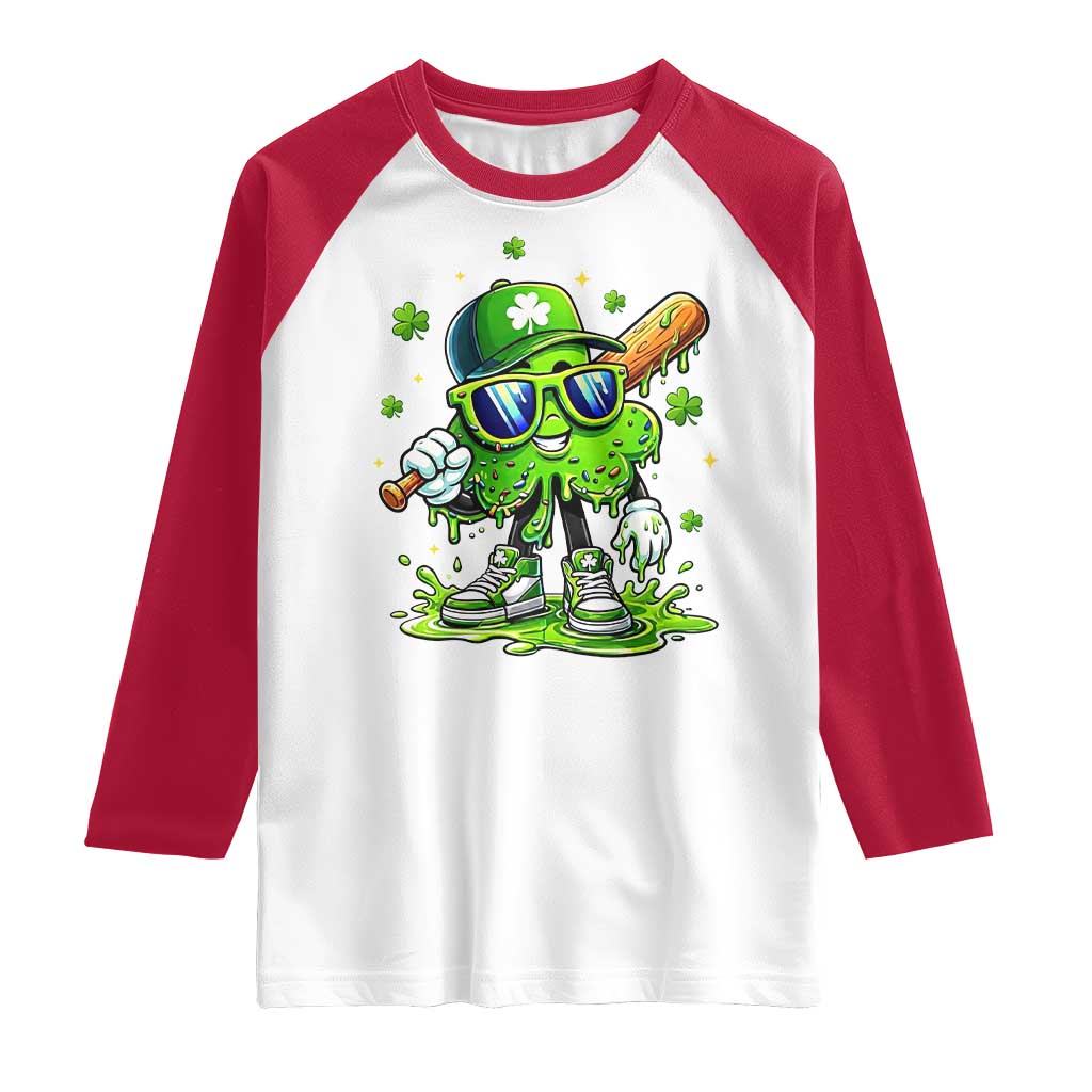 Funny St Patricks Day Clover Baseball Player Gift Raglan Shirt