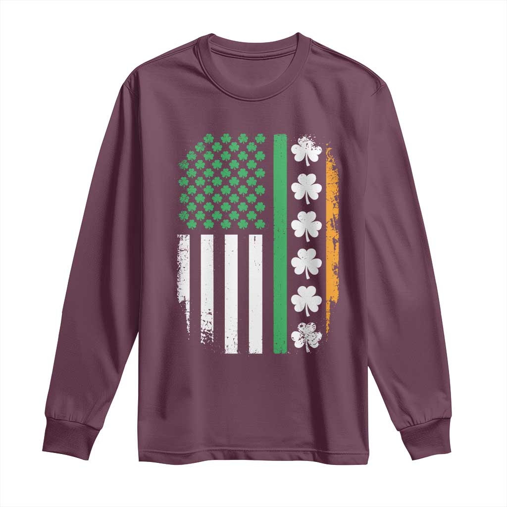 USA Flag With Shamrocks Long Sleeve Shirt St Patricks Day Gift