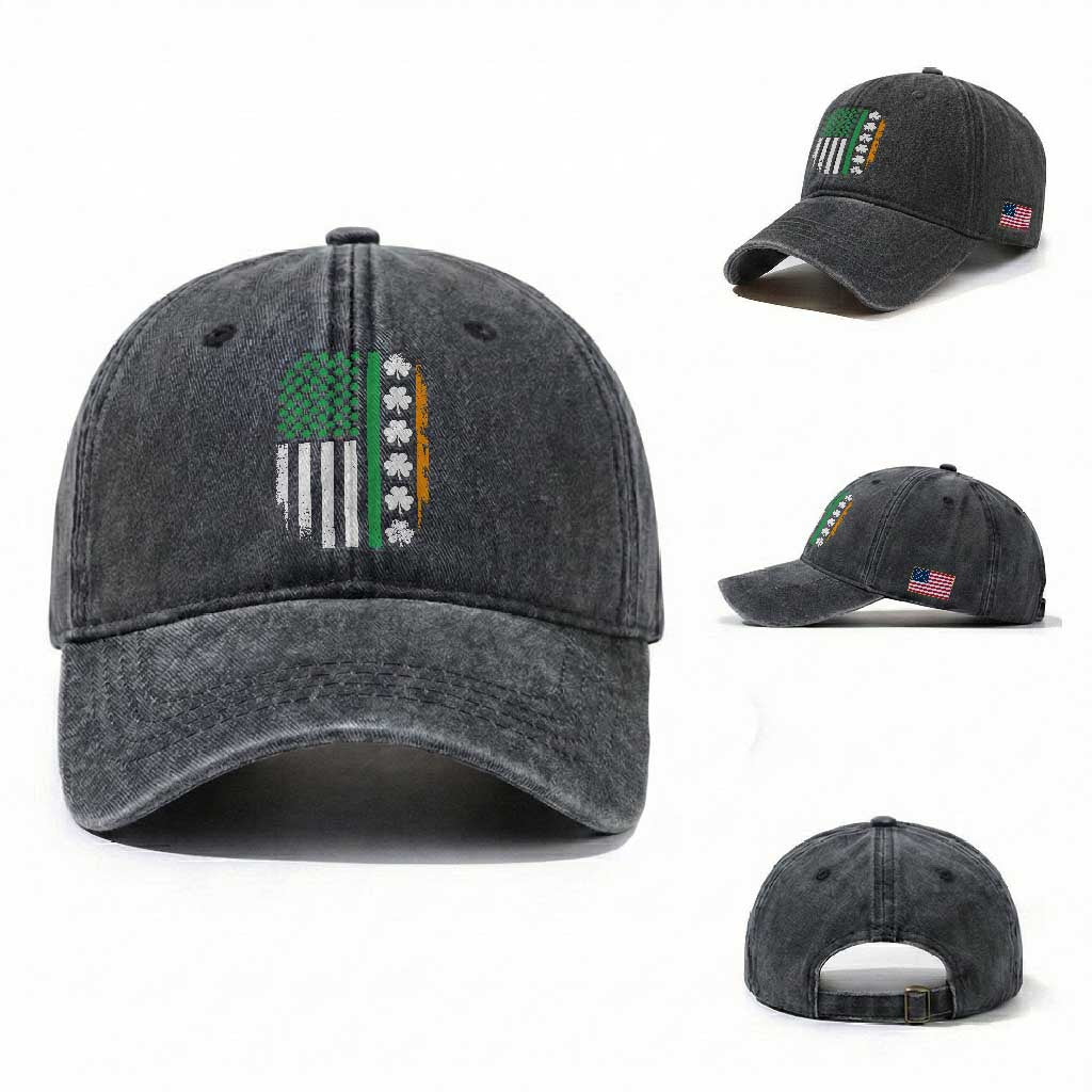 USA Flag With Shamrocks Washed Cotton Baseball Cap St Patricks Day Gift