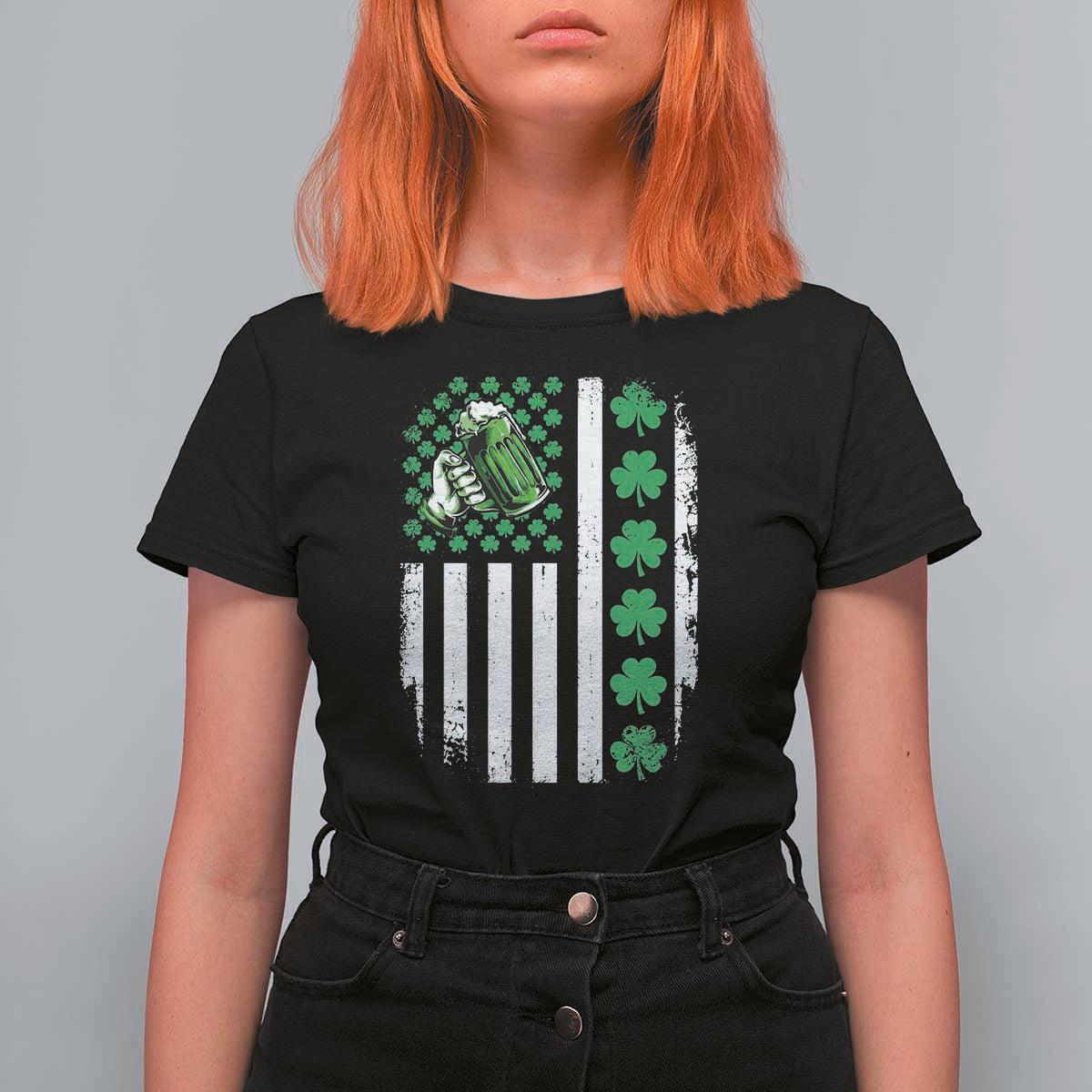 Irish Patriotic USA Flag With Shamrocks Gift T Shirt For Women