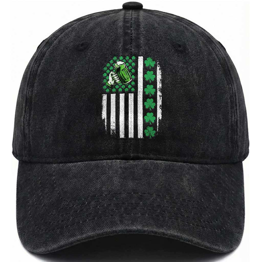 Irish Patriotic USA Flag With Shamrocks Gift Washed Cotton Baseball Cap