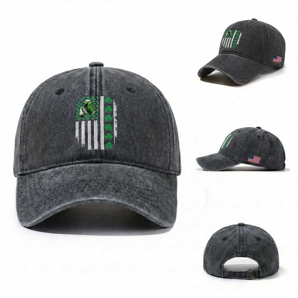 Irish Patriotic USA Flag With Shamrocks Gift Washed Cotton Baseball Cap