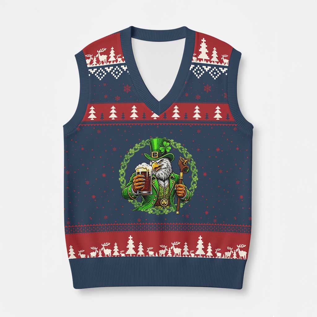 Irish Patriotic Eagle Leprechaun V-Neck Knit Sweater Vest St Patricks Day Gift