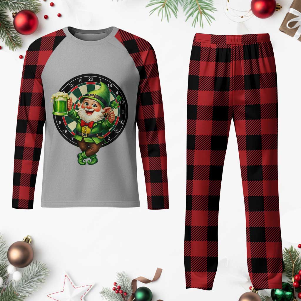 Cheerful Gnome Playing Darts Plaid Pajama Set St Patricks Day Gift