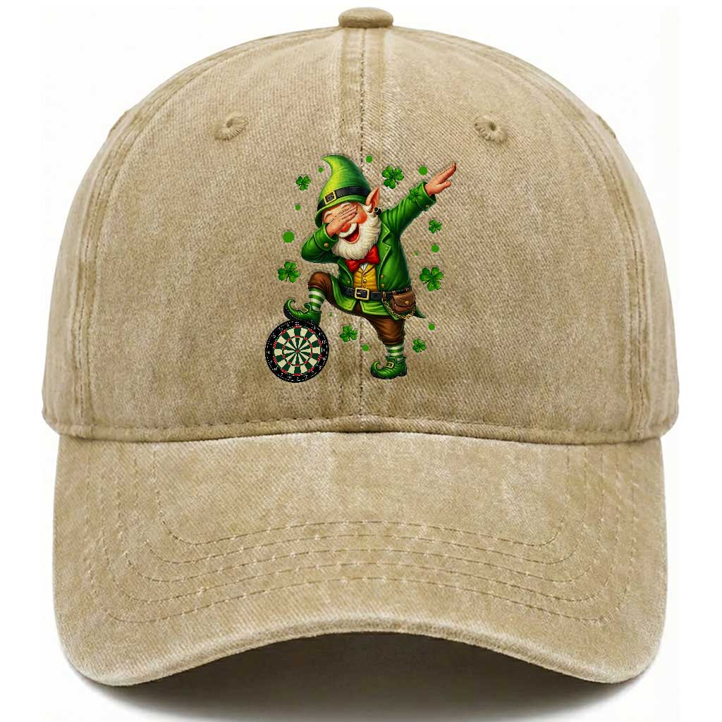 St Patricks Day Cheerful Gnome Dabbing Washed Cotton Baseball Cap Darts Lover Gift