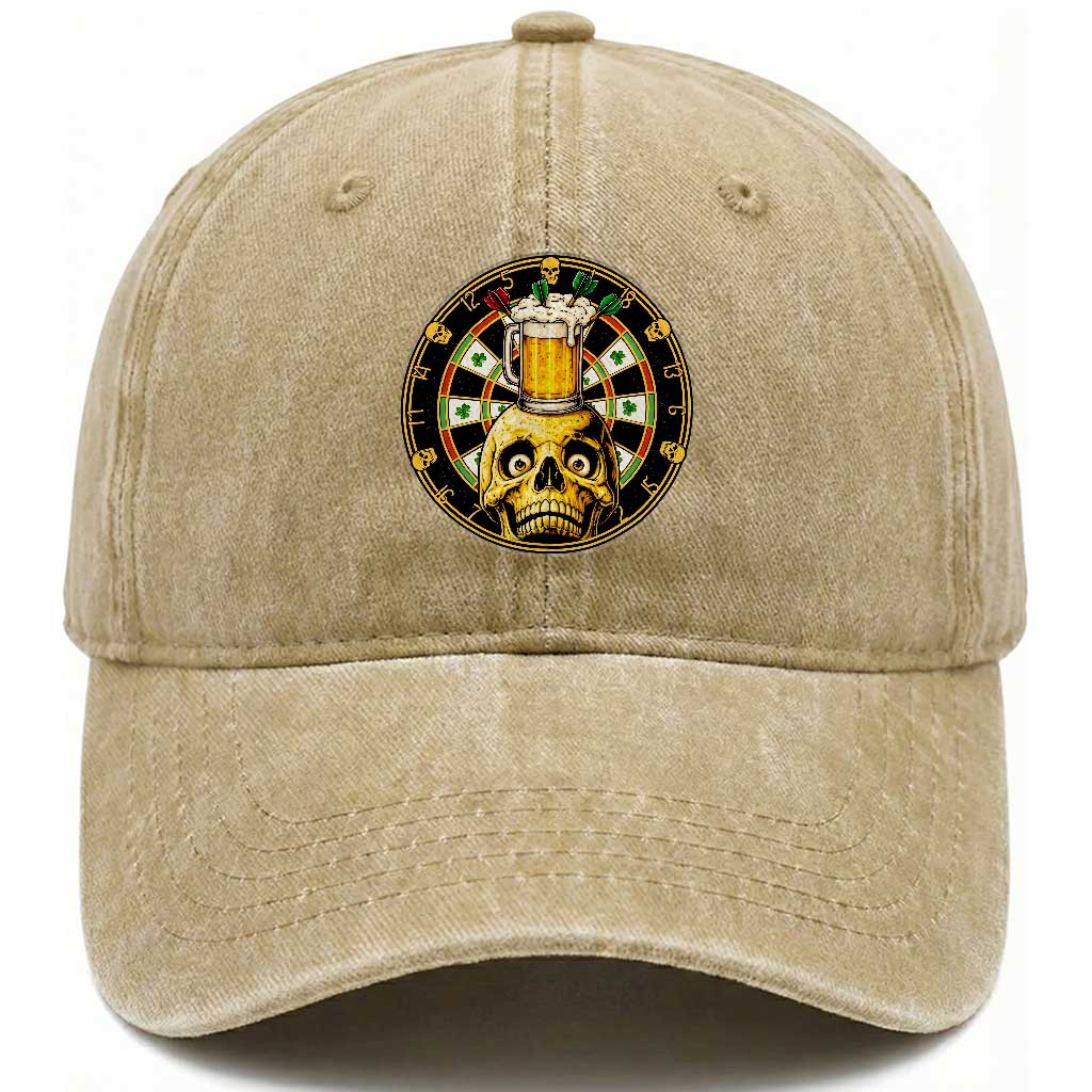 Funny St Patricks Day Skull Washed Cotton Baseball Cap Darts Player Gift