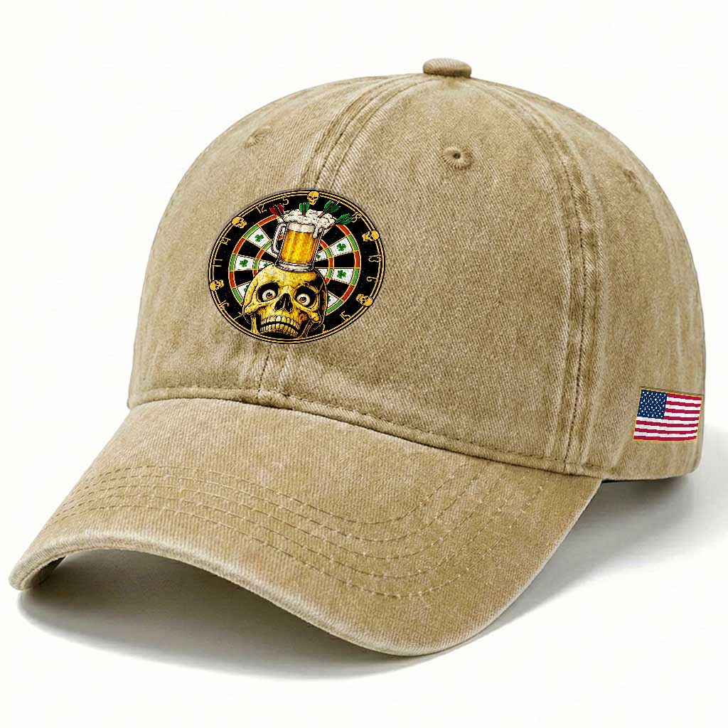 Funny St Patricks Day Skull Washed Cotton Baseball Cap Darts Player Gift