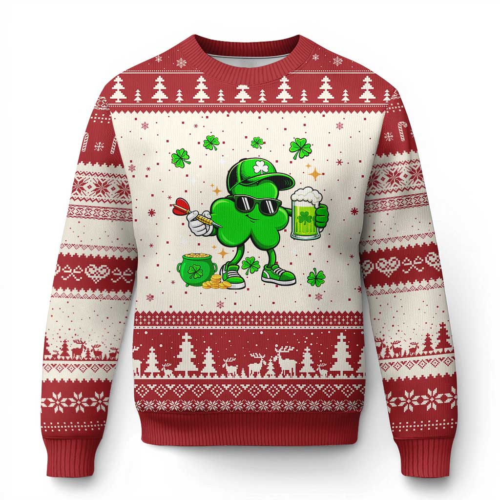 St Patricks Day Shamrock Darts And Beer Lover Gift Ugly Christmas Sweater