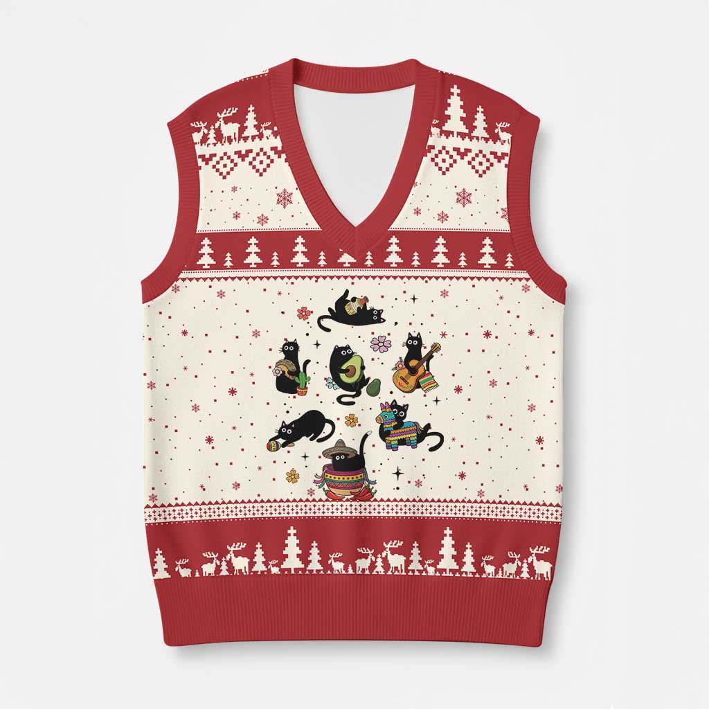 Funny Black Cat Lover Cinco De Mayo V-Neck Knit Sweater Vest Mexican Fiesta Gift