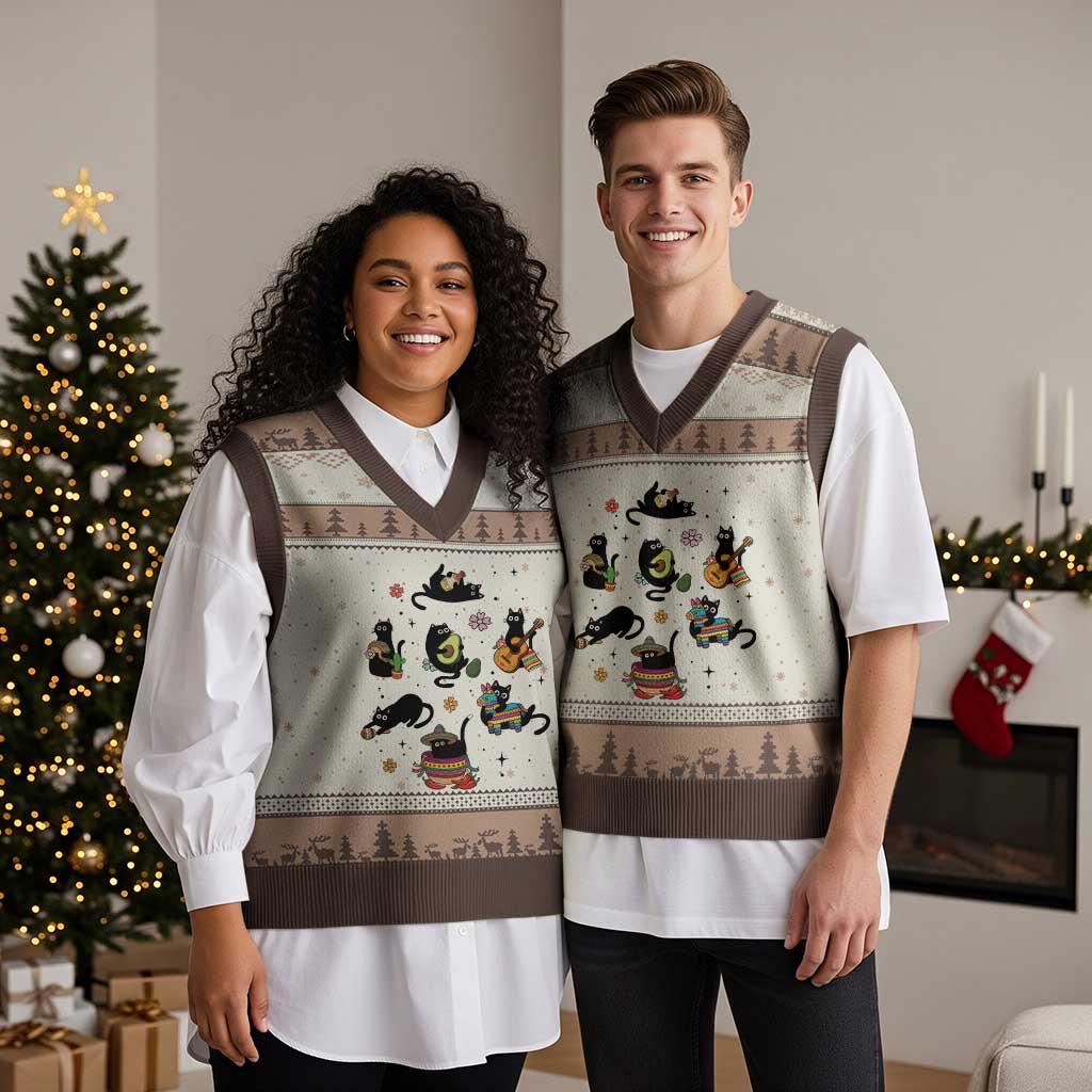 Funny Black Cat Lover Cinco De Mayo V-Neck Knit Sweater Vest Mexican Fiesta Gift