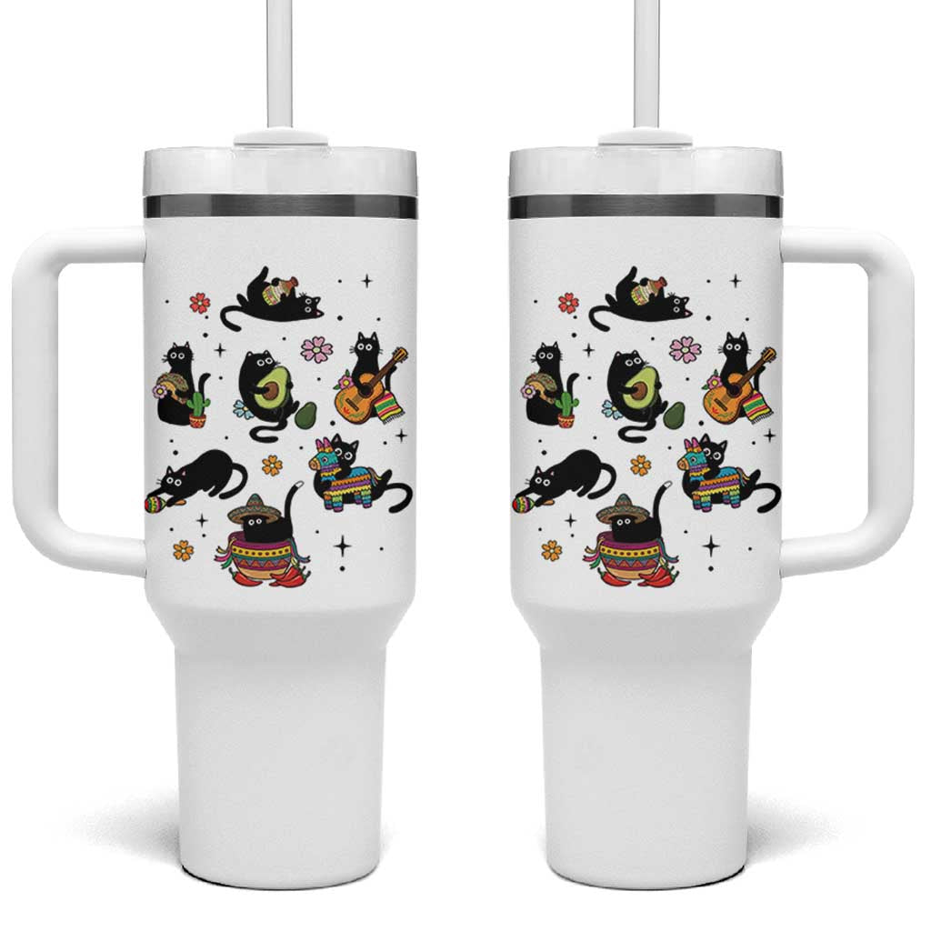 Funny Black Cat Lover Cinco De Mayo Tumbler With Handle Mexican Fiesta Gift