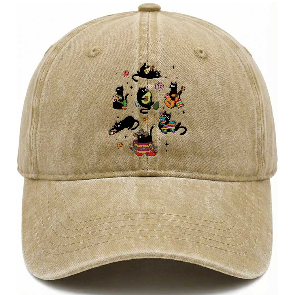 Funny Black Cat Lover Cinco De Mayo Washed Cotton Baseball Cap Mexican Fiesta Gift