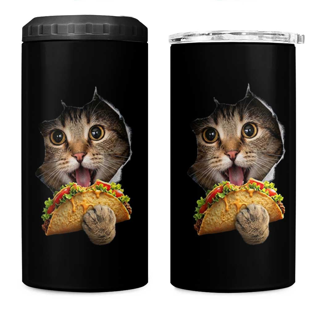 Funny Cat Eating Taco 4 in 1 Can Cooler Tumbler Mexican Food Lover Gift