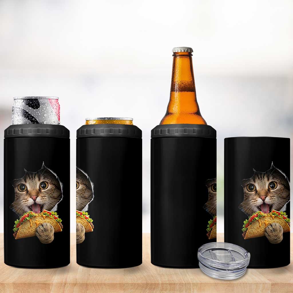 Funny Cat Eating Taco 4 in 1 Can Cooler Tumbler Mexican Food Lover Gift