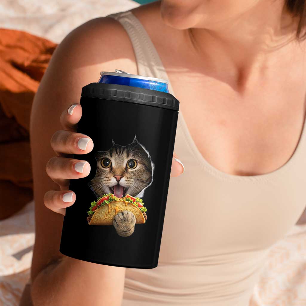 Funny Cat Eating Taco 4 in 1 Can Cooler Tumbler Mexican Food Lover Gift