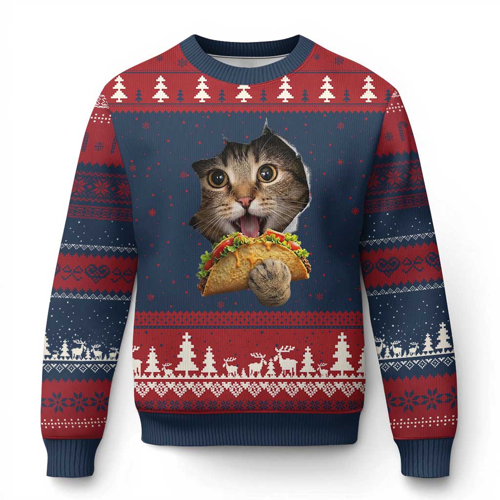 Funny Cat Eating Taco Ugly Christmas Sweater Mexican Food Lover Gift