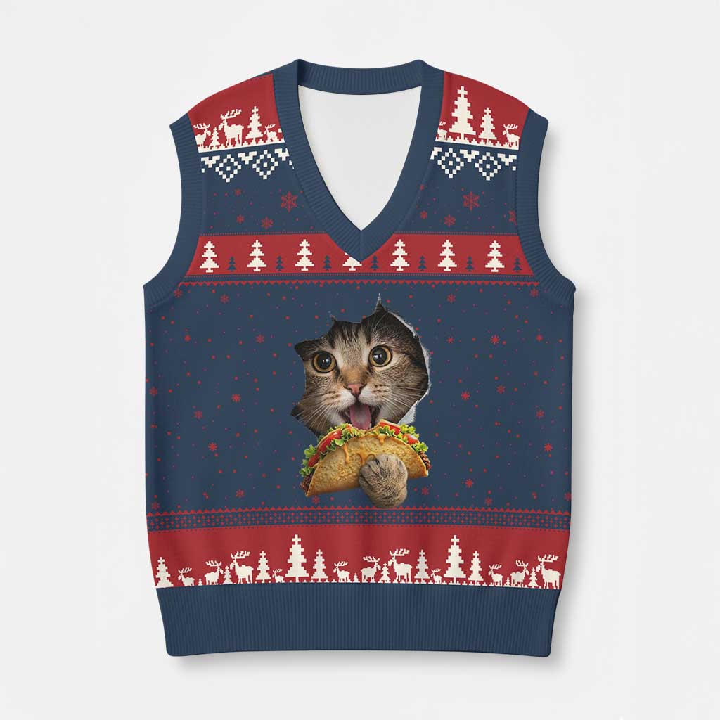 Funny Cat Eating Taco V-Neck Knit Sweater Vest Mexican Food Lover Gift