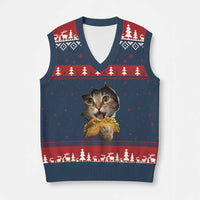 Funny Cat Eating Taco V-Neck Knit Sweater Vest Mexican Food Lover Gift