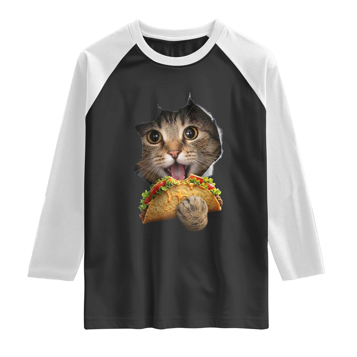 Funny Cat Eating Taco Raglan Shirt Mexican Food Lover Gift
