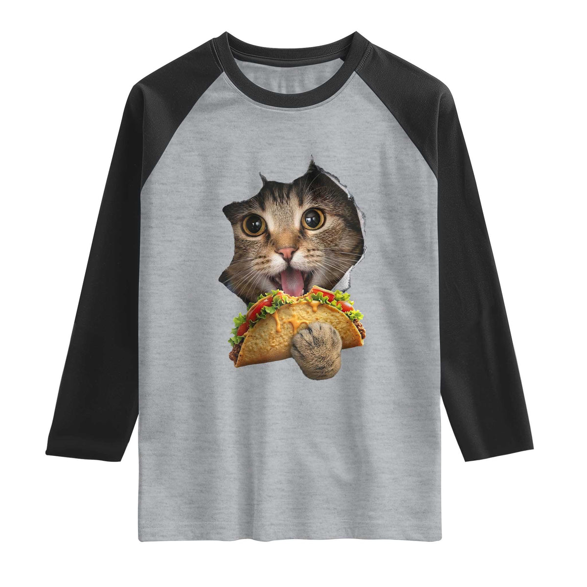 Funny Cat Eating Taco Raglan Shirt Mexican Food Lover Gift