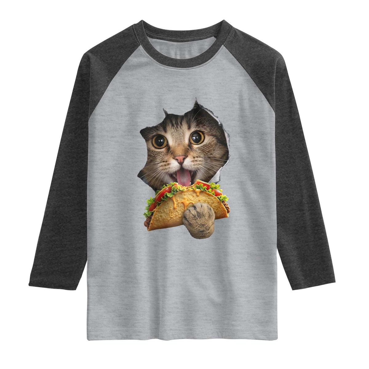 Funny Cat Eating Taco Raglan Shirt Mexican Food Lover Gift
