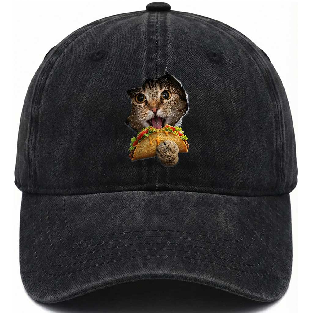 Funny Cat Eating Taco Washed Cotton Baseball Cap Mexican Food Lover Gift