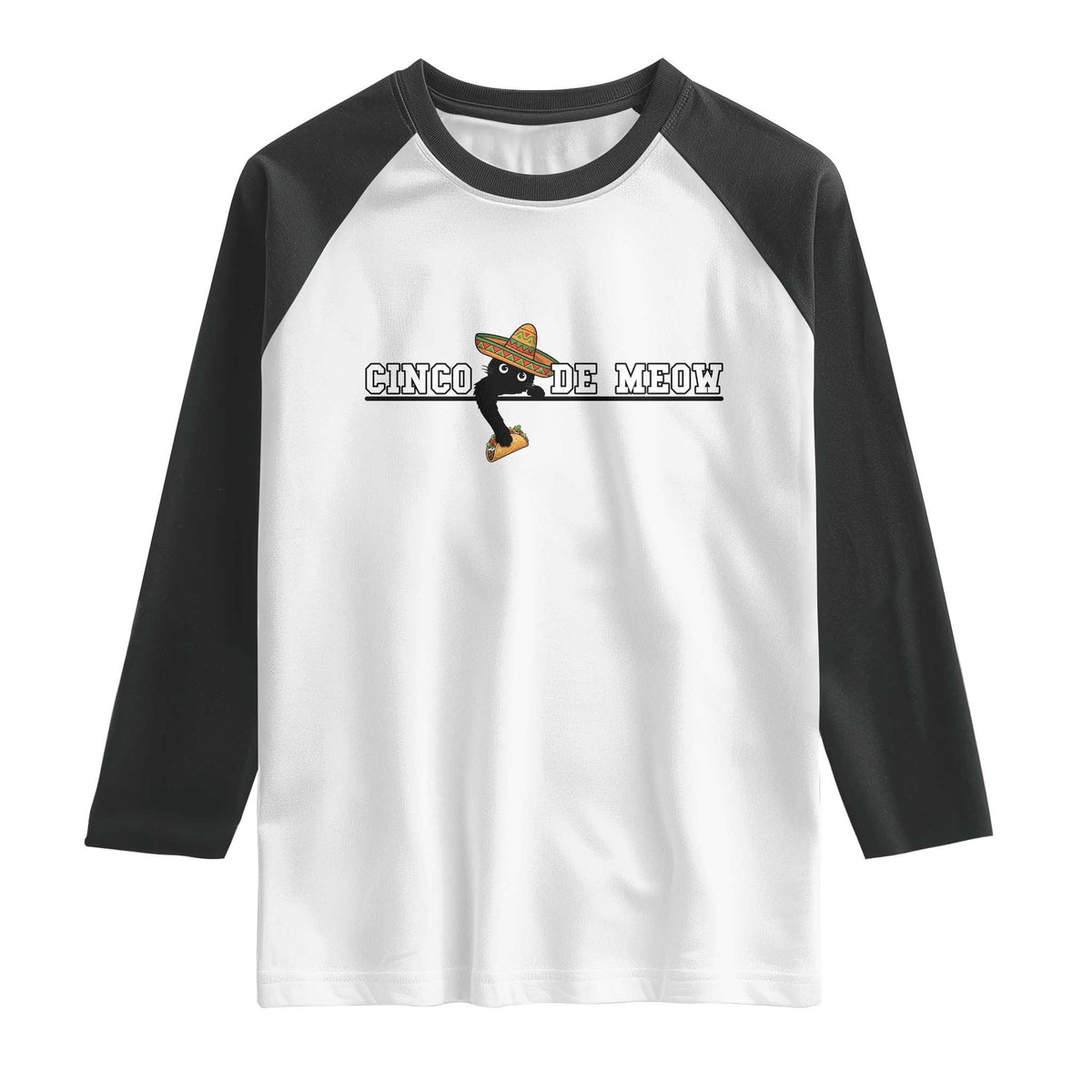 Funny Cinco De Meow Raglan Shirt Cute Black Cat Eating Taco