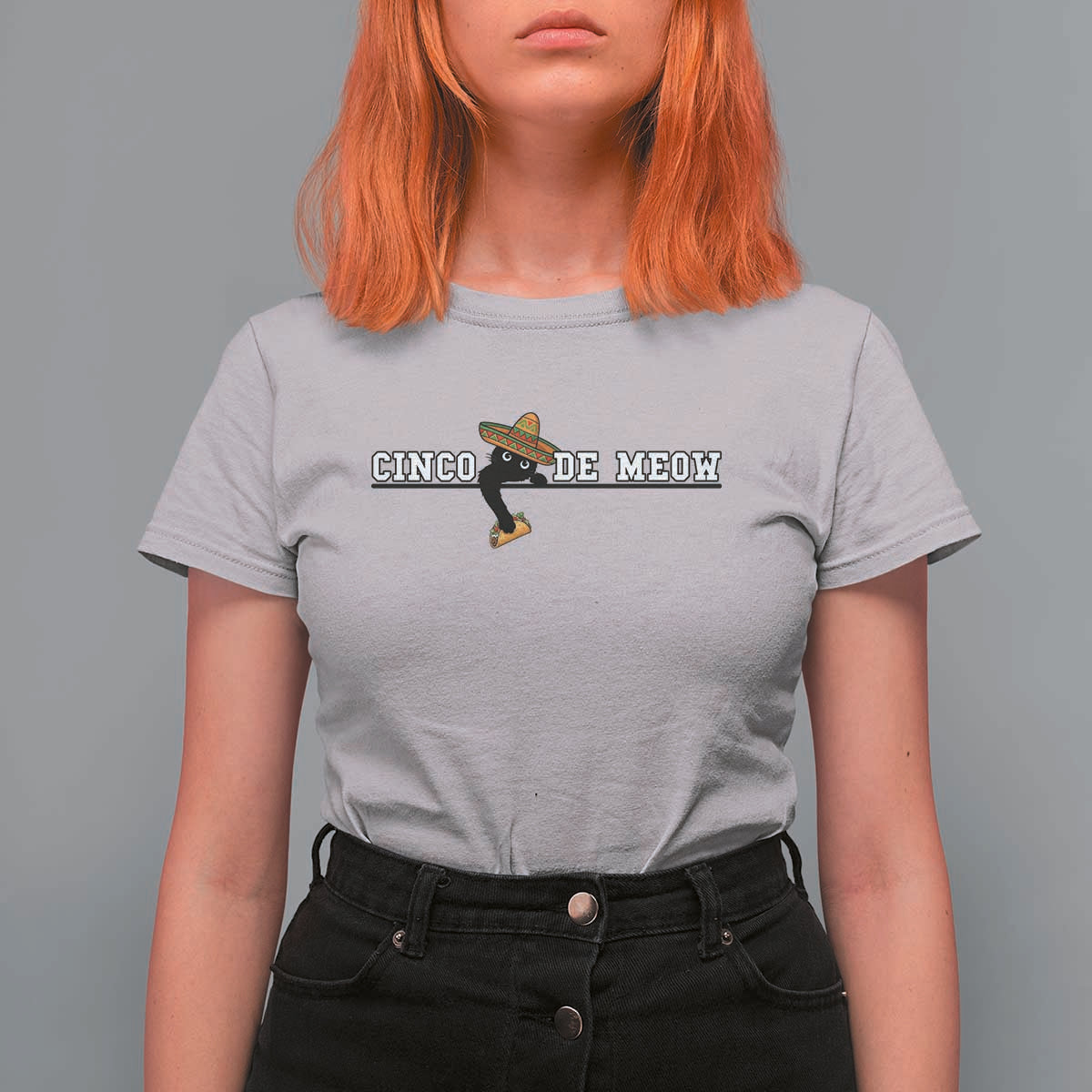 Funny Cinco De Meow T Shirt For Women Cute Black Cat Eating Taco