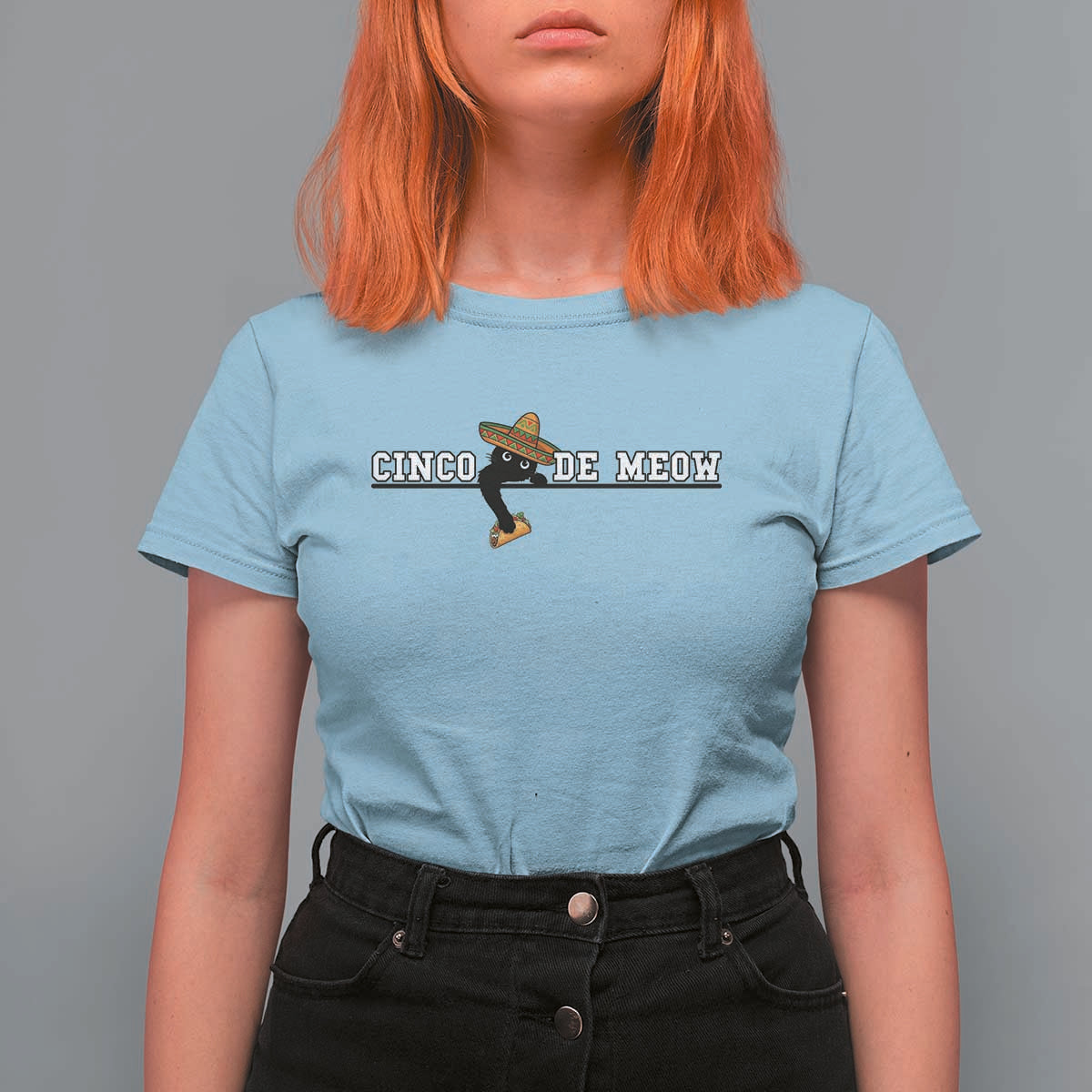 Funny Cinco De Meow T Shirt For Women Cute Black Cat Eating Taco