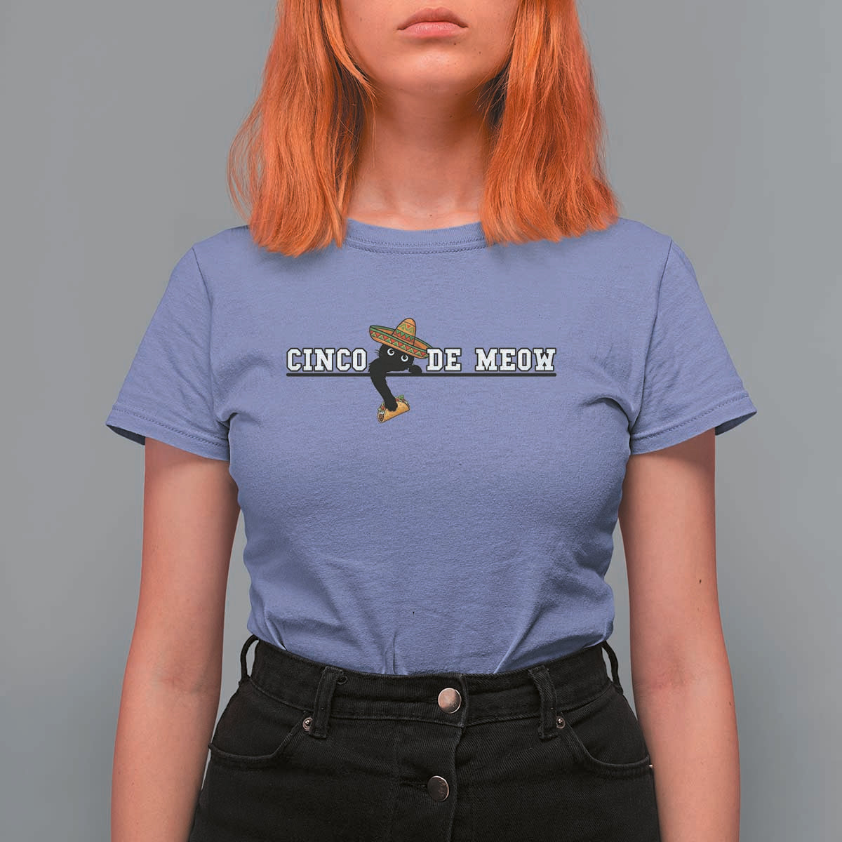 Funny Cinco De Meow T Shirt For Women Cute Black Cat Eating Taco