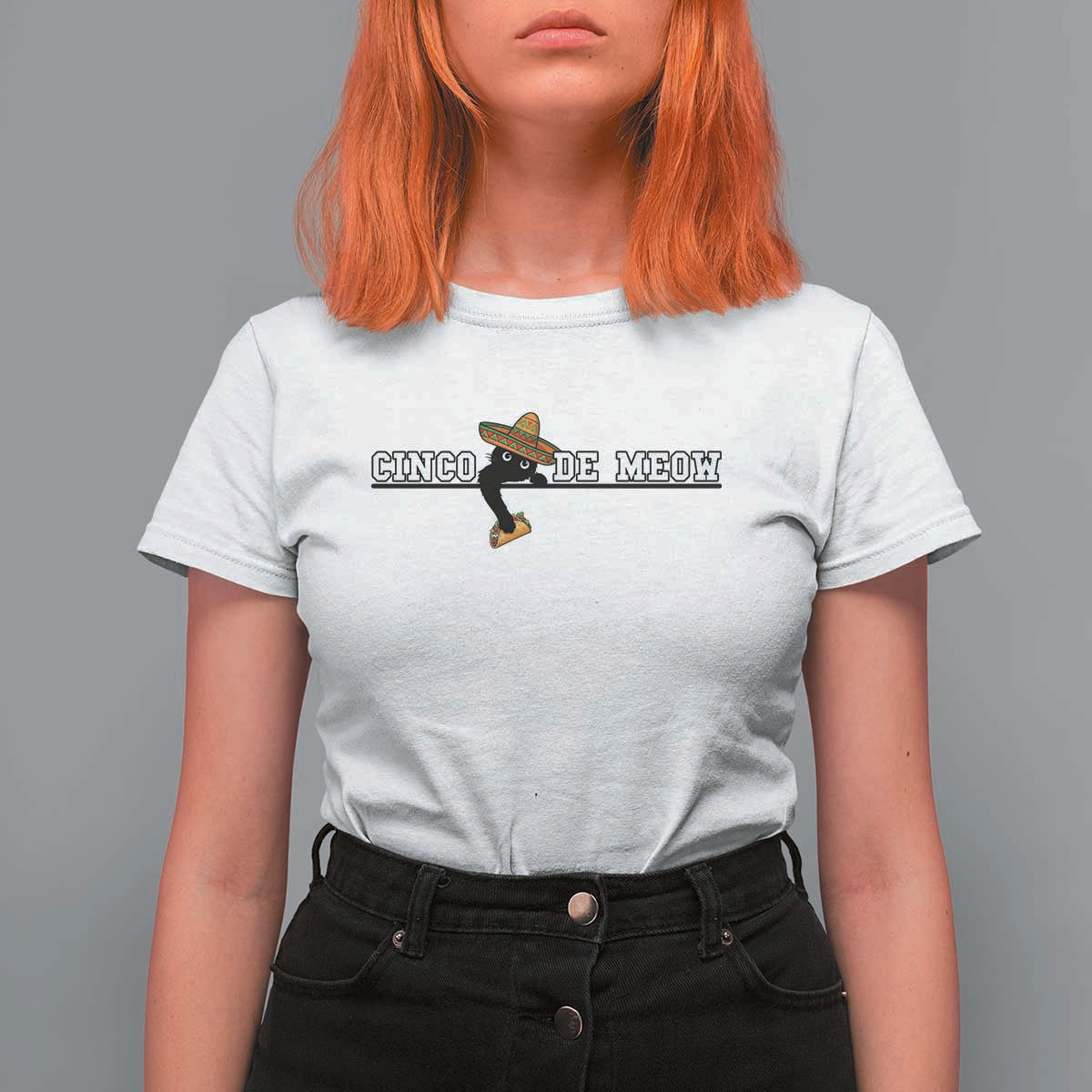 Funny Cinco De Meow T Shirt For Women Cute Black Cat Eating Taco