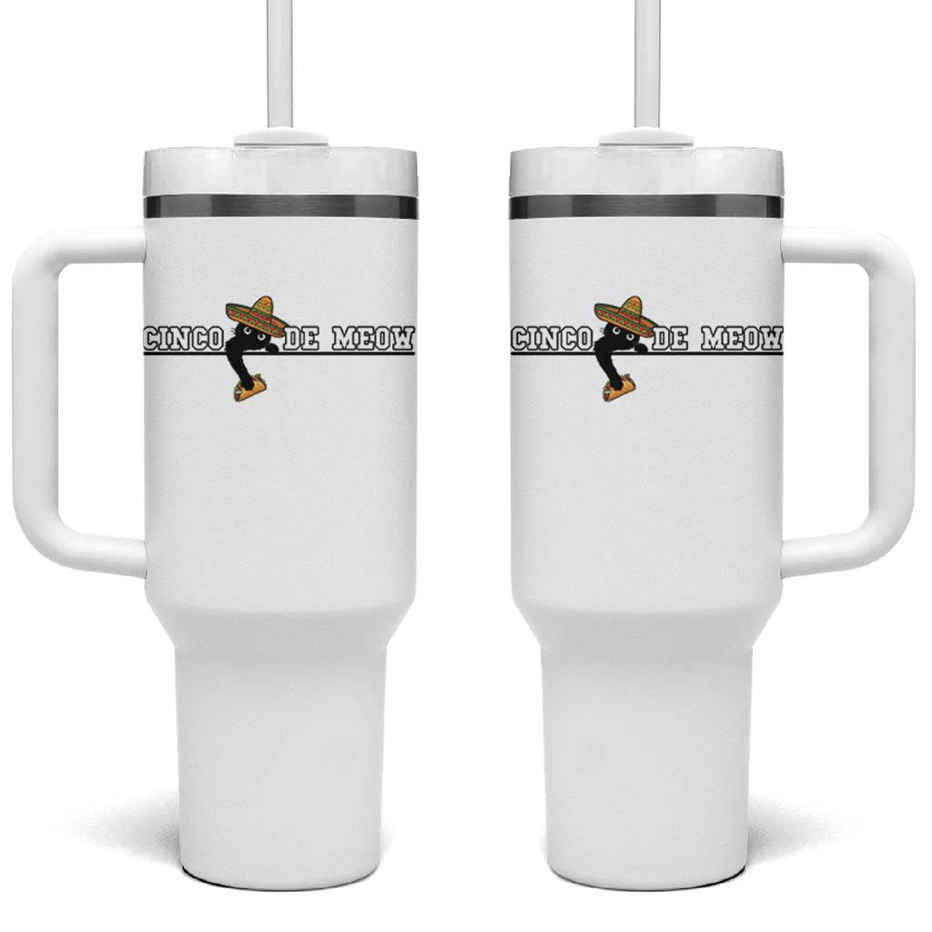 Funny Cinco De Meow Tumbler With Handle Cute Black Cat Eating Taco