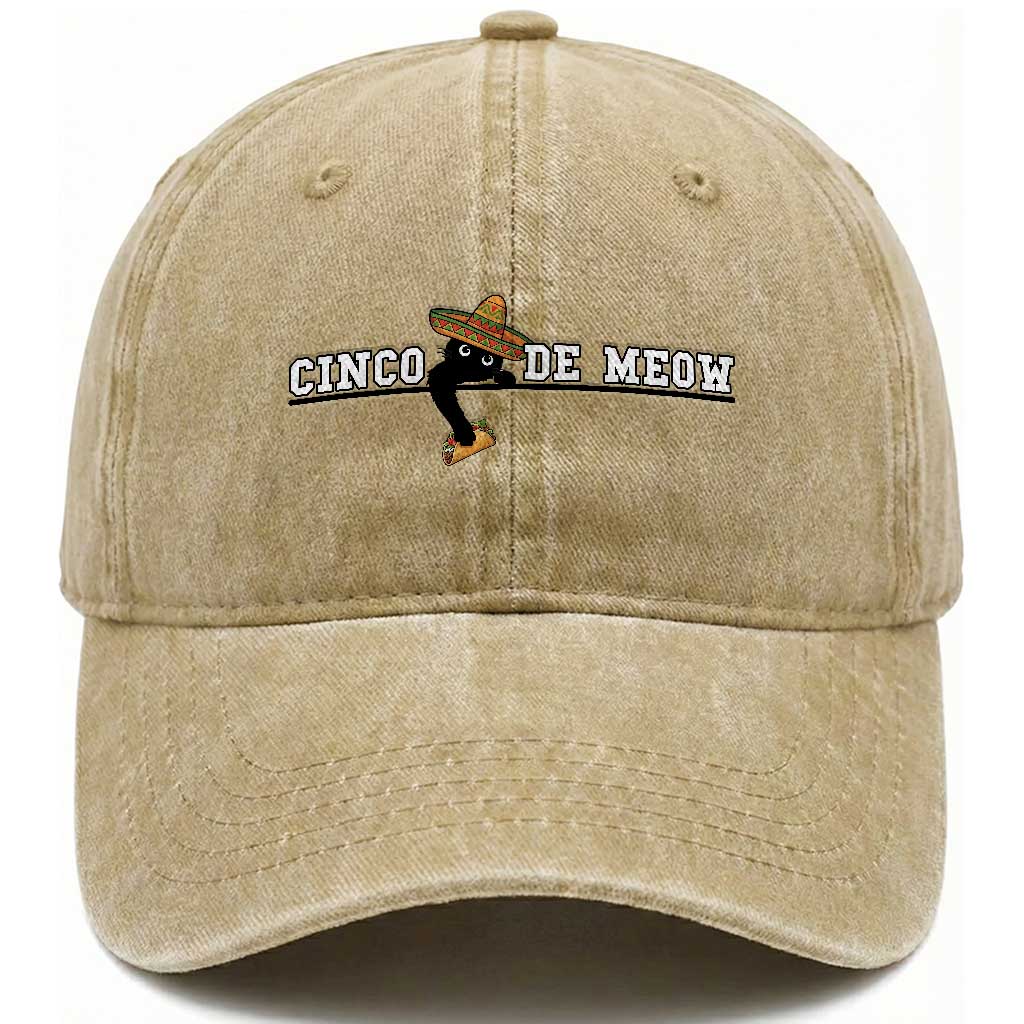 Funny Cinco De Meow Washed Cotton Baseball Cap Cute Black Cat Eating Taco