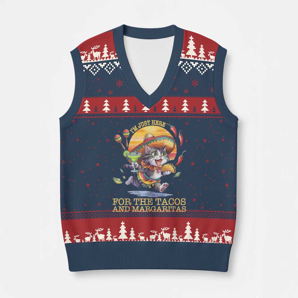 Funny Cinco De Mayo Cat V-Neck Knit Sweater Vest Just Here For The Tacos And Margaritas