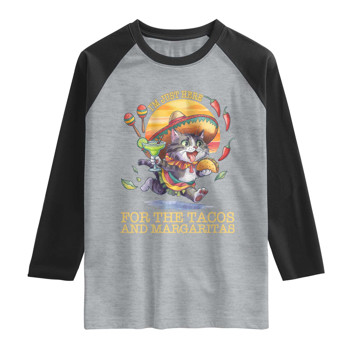 Funny Cinco De Mayo Cat Raglan Shirt Just Here For The Tacos And Margaritas