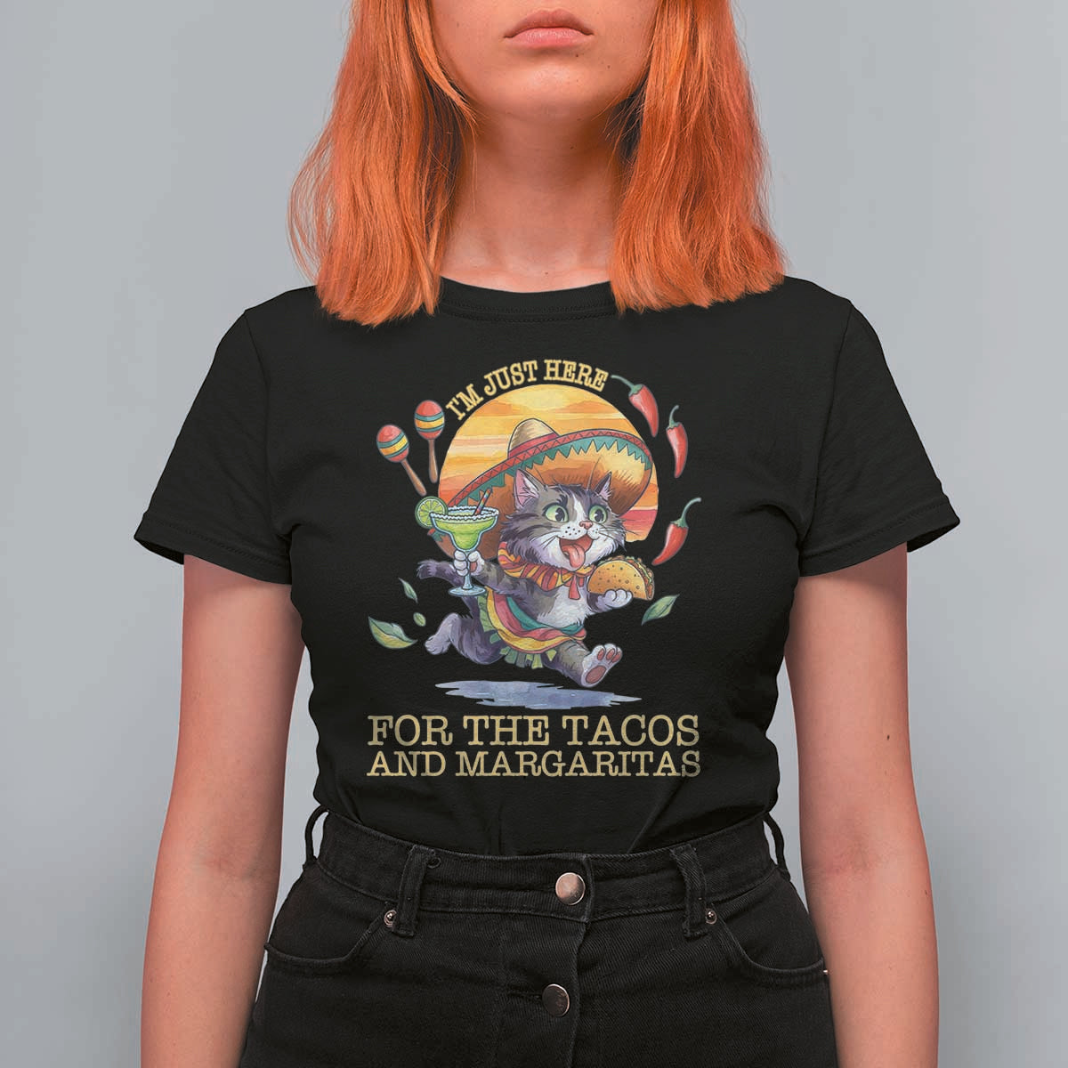 Funny Cinco De Mayo Cat T Shirt For Women Just Here For The Tacos And Margaritas