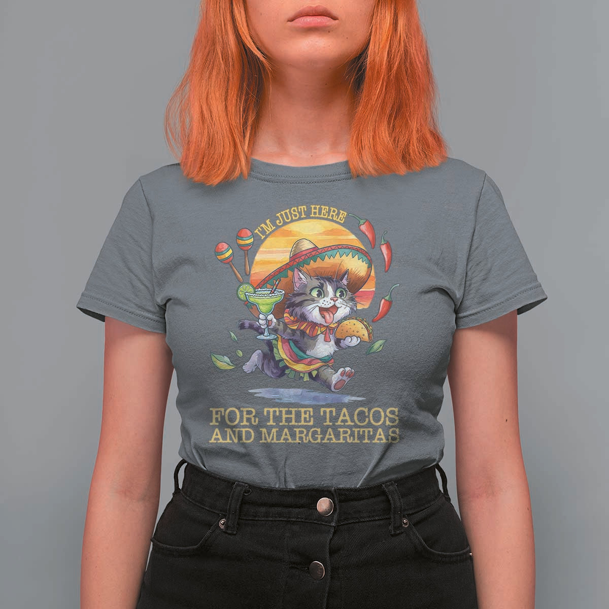Funny Cinco De Mayo Cat T Shirt For Women Just Here For The Tacos And Margaritas
