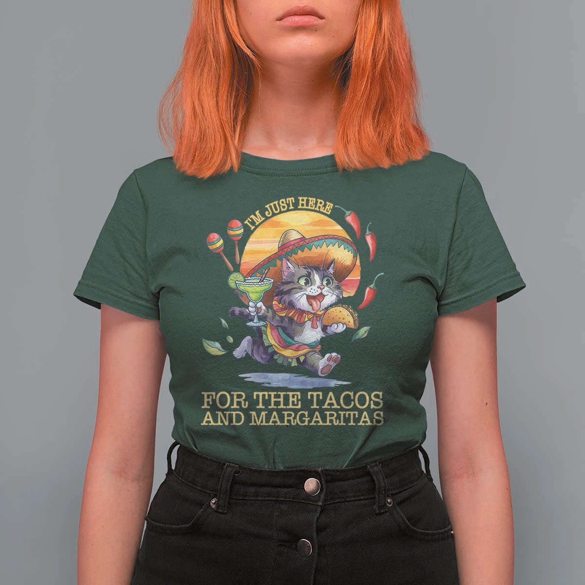 Funny Cinco De Mayo Cat T Shirt For Women Just Here For The Tacos And Margaritas