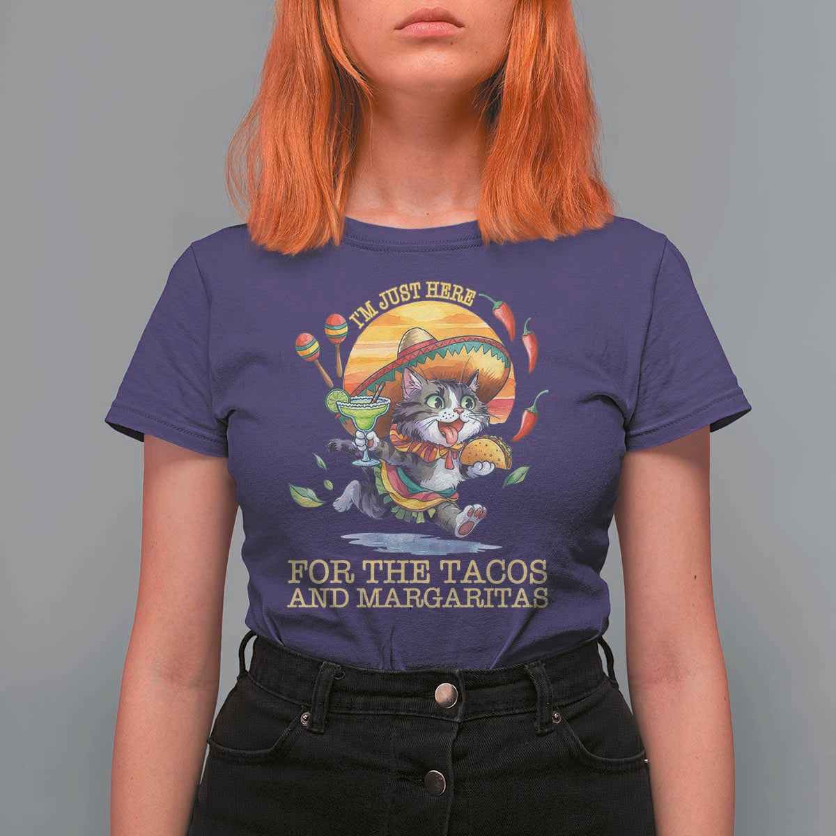 Funny Cinco De Mayo Cat T Shirt For Women Just Here For The Tacos And Margaritas