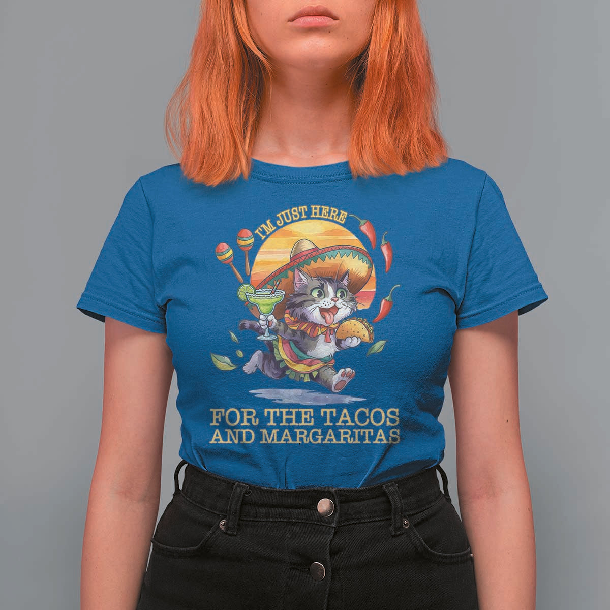 Funny Cinco De Mayo Cat T Shirt For Women Just Here For The Tacos And Margaritas