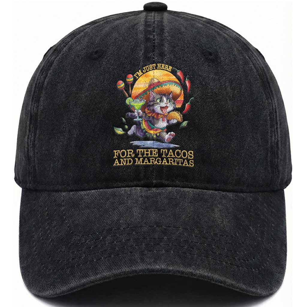 Funny Cinco De Mayo Cat Washed Cotton Baseball Cap Just Here For The Tacos And Margaritas