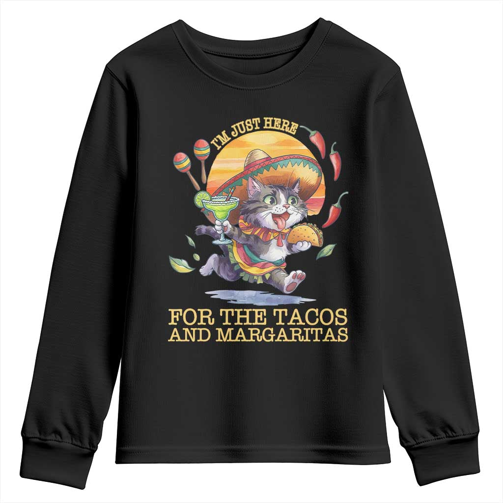 Funny Cinco De Mayo Cat Youth Sweatshirt Just Here For The Tacos And Margaritas