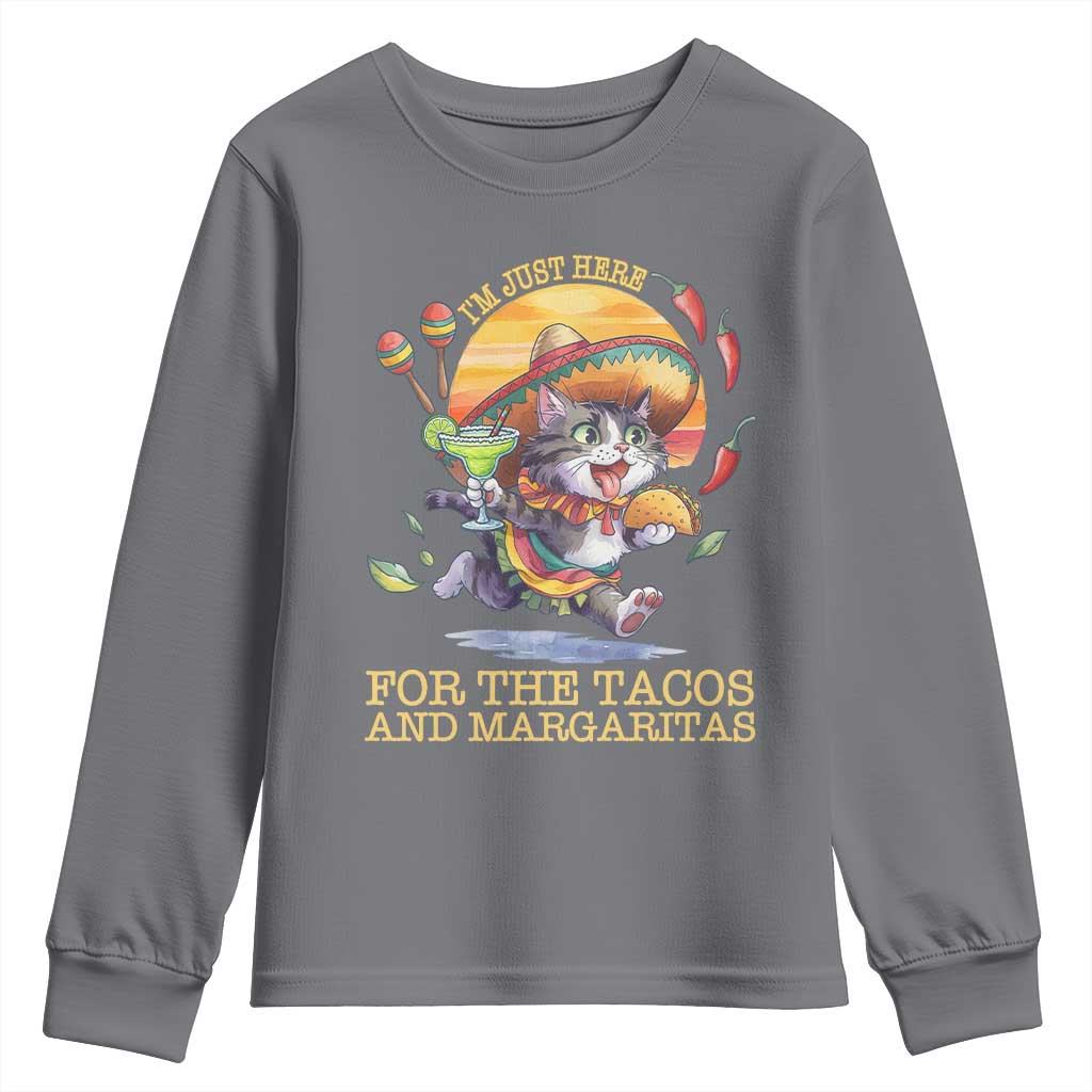 Funny Cinco De Mayo Cat Youth Sweatshirt Just Here For The Tacos And Margaritas