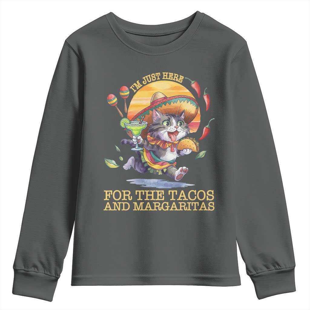 Funny Cinco De Mayo Cat Youth Sweatshirt Just Here For The Tacos And Margaritas
