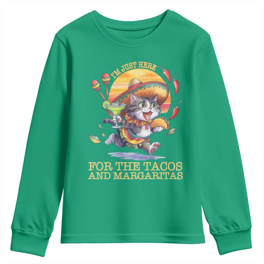Funny Cinco De Mayo Cat Youth Sweatshirt Just Here For The Tacos And Margaritas