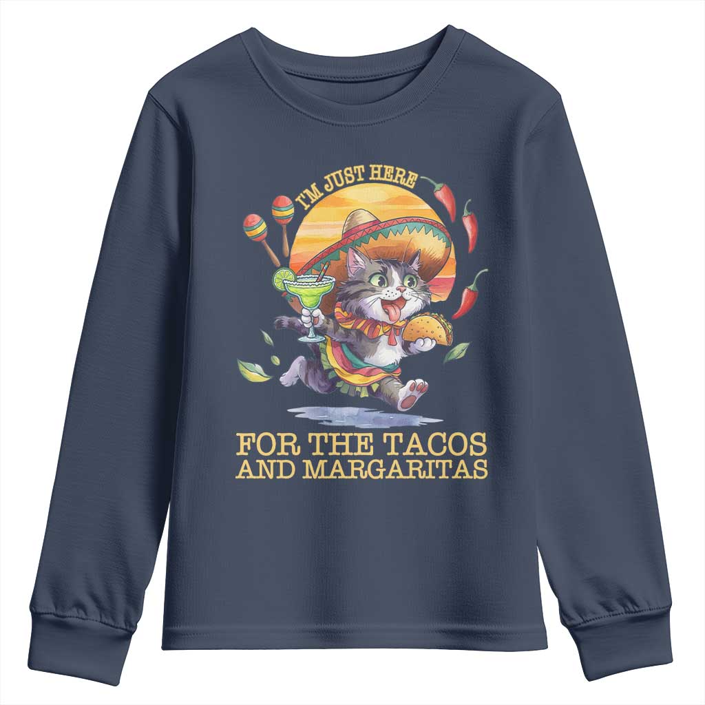 Funny Cinco De Mayo Cat Youth Sweatshirt Just Here For The Tacos And Margaritas