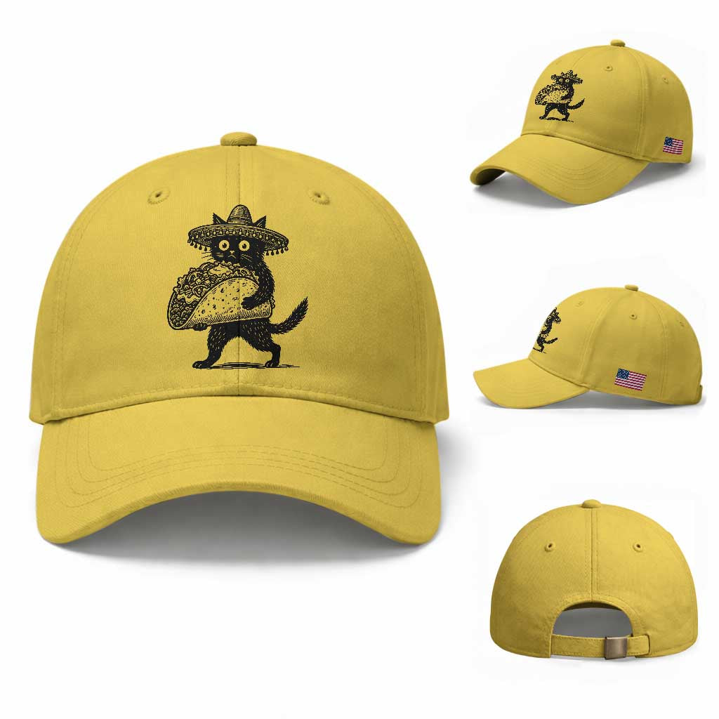 Funny Cinco De Mayo Black Cat With Taco Baseball Cap Mexican Food Gift